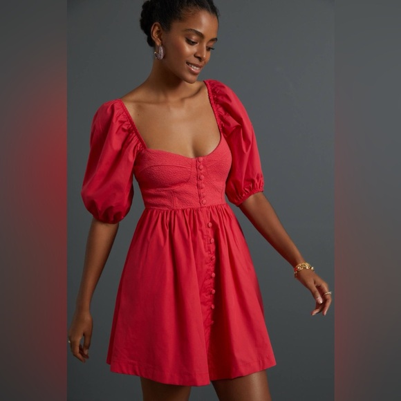 Maeve Dresses & Skirts - Maeve Anthropologie Red Mini Dress with Puff Sleeves